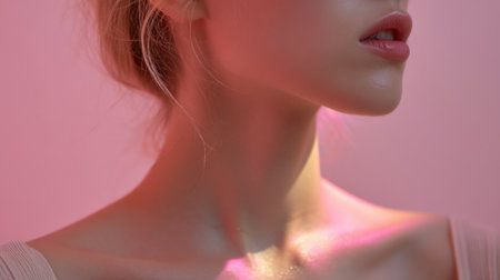 This close-up portrait captures a young woman's delicate features against a soft pink background, highlighting her natural beauty and serene expression. Perfect for beauty themes.の素材