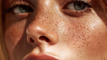 This close-up portrait captures a young woman's stunning freckles and blue eyes, beautifully illuminated in natural light, radiating confidence and a serene charm.の素材