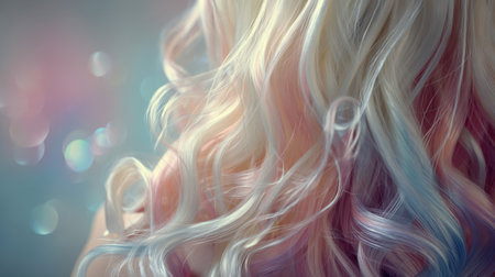 This image showcases a beautiful close-up of pastel rainbow curls with a soft bokeh background, perfect for conveying themes of beauty, trends, and creativity in fashion.の素材
