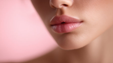 A captivating close-up of female lips showcasing a soft pink hue and smooth texture, ideal for beauty and skincare themes in fashion and wellness marketing.の素材