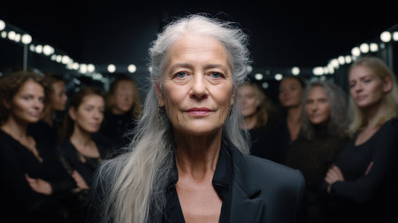 A striking portrait of a confident mature woman with silver hair, exuding strength and beauty, set against a backdrop of diverse women, highlighting empowerment and elegance.の素材