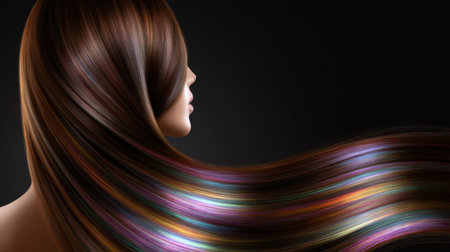This stunning image features beautiful, flowing hair with vibrant colors set against a dark background, highlighting elegance and style for beauty and fashion themes.の素材