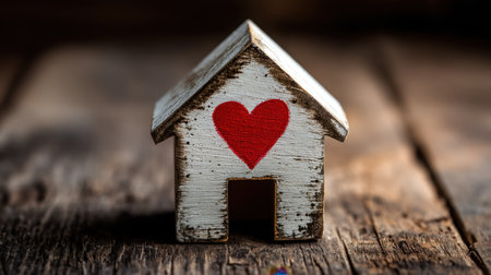 A decorative wooden house figurine featuring a heart, resting on a rustic wooden surface. This charming piece embodies warmth, love, and cozy home vibes for creative projects.の素材