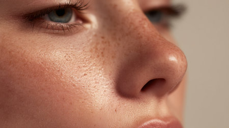A stunning close-up portrait of a young woman showcasing her freckles and captivating blue eyes. The soft lighting accentuates her natural beauty and skin texture.の素材