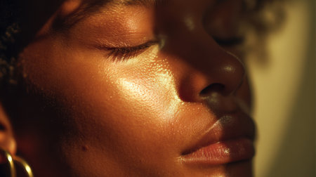A stunning close-up portrait showcasing a young woman's serene expression. The soft light emphasizes her natural glow and beautiful skin, creating an artistic and peaceful image.の素材