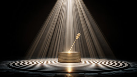 A striking image of an illuminated arrow aiming towards a target, surrounded by dynamic light beams. This minimalistic design symbolizes focus, achievement, and ambition.の素材