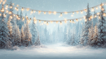 A stunning winter scene featuring snow-laden trees illuminated by delicate fairy lights, creating a magical atmosphere perfect for holiday celebrations and peaceful reflection.の素材