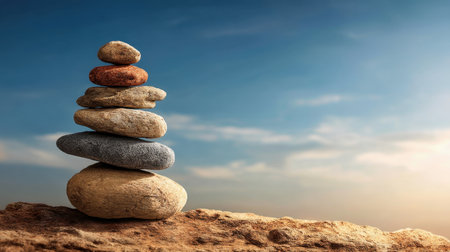 A serene image of stacked stones showcasing balance and tranquility against a soft sky, perfect for themes of meditation, relaxation, and harmony in nature.の素材