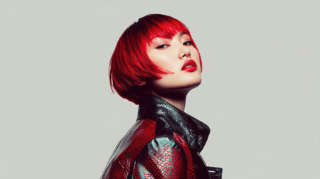 A striking portrait of a model with bright red hair and bold makeup, exuding confidence and modernity. The image captures contemporary fashion and beauty aesthetics.の素材