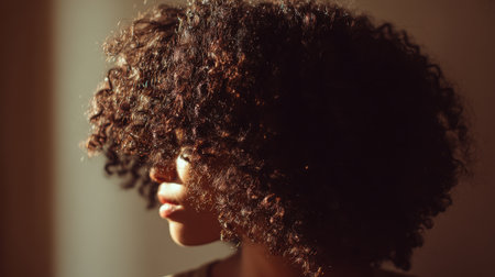This artistic portrait captures a woman with curly hair illuminated by soft natural light, highlighting her individuality and the beauty of texture, creating a serene atmosphere.の素材