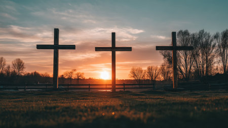 A breathtaking scene featuring three wooden crosses silhouetted against a stunning sunset. The calm landscape showcases serene beauty, perfect for themes of peace and spirituality.の素材