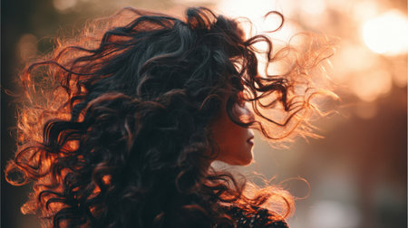 An elegant woman with long, curly hair dances joyfully in a backlit sunset, embracing nature's warm glow. This artistic portrait captures beauty and freedom.の素材
