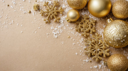 Stunning arrangement of elegant gold Christmas ornaments and snowflakes on a soft beige background, perfect for holiday cards and festive celebrations.の素材