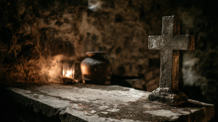 A rustic stone cross illuminated by soft candlelight creates a serene atmosphere in a dark historical space, inviting reflection on faith and spirituality.の素材