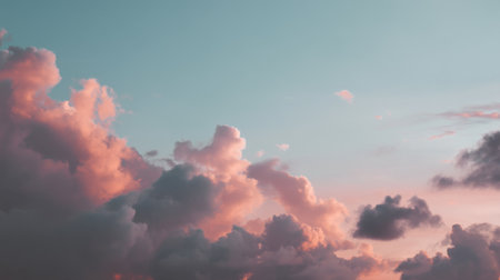 Enjoy a peaceful view of a sunset sky filled with soft pink and white clouds, softly illuminated by warm golden light, creating a tranquil natural atmosphere.の素材