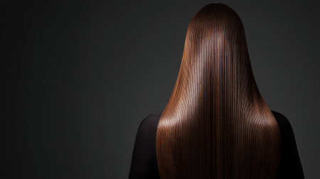 This image showcases the back view of long, smooth hair against a dark background, highlighting its glossy texture and elegance, ideal for beauty themes.の素材