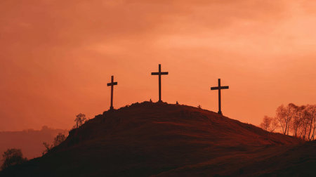 A stunning sunset illuminates three crosses on a hill, creating a serene silhouette against the colorful sky, symbolizing faith and reflection in nature's beauty.の素材