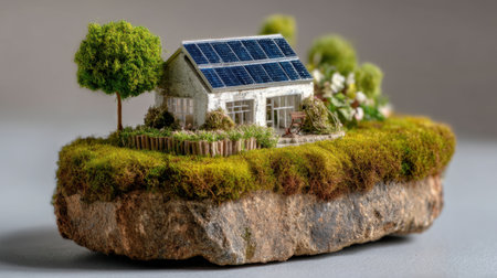 This stunning miniature model depicts an eco-friendly house with solar panels nestled among vibrant greenery on a rocky base, embodying sustainable living and harmony with nature.の素材