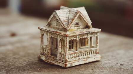 This vintage miniature house showcases exquisite craftsmanship and rustic charm. Its weathered details make it a unique decor item perfect for various settings.の素材