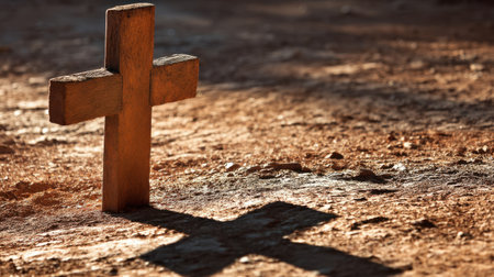 A wooden cross casts a soft shadow on the ground, illuminated by sunlight. This image evokes feelings of faith, hope, and reflection in a serene outdoor environment.の素材
