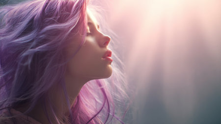 This captivating portrait showcases a young woman with flowing purple hair. The soft light creates an ethereal atmosphere, emphasizing beauty and serenity.の素材