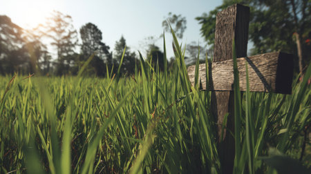 A serene wooden cross stands tall in vibrant green grass, illuminated by soft sunlight, creating a tranquil atmosphere perfect for reflection and remembrance.の素材