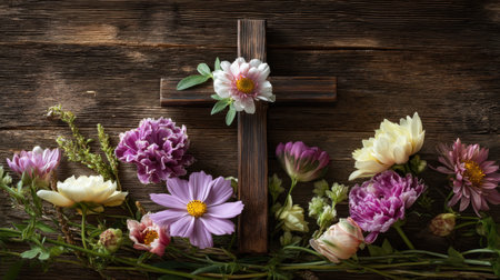 A stunning display featuring a wooden cross surrounded by a variety of colorful flowers on a rustic wooden table, evoking themes of spirituality and beauty.の素材