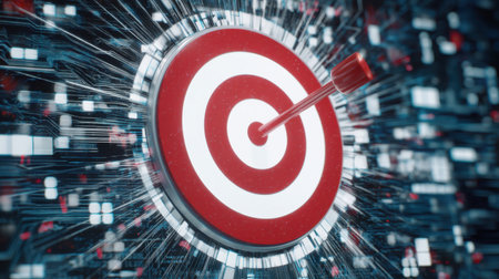 This image showcases a vibrant bullseye with an arrow striking its center, symbolizing targets and goals. The dynamic backdrop of digital elements enhances the theme of achievement.の素材