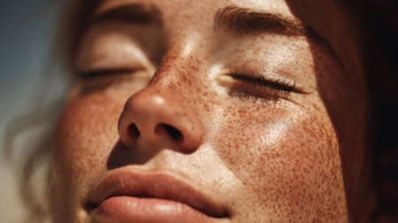 A close-up image of a young woman with beautiful freckles basking in sunlight, exuding tranquility and joy. Ideal for themes of beauty, wellness, and summer vibes.の素材