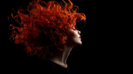 A striking profile of a woman with vibrant curly red hair set against a dark background, showcasing dynamic movement and the beauty of self-expression.の素材