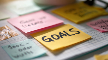 A close-up view of colorful sticky notes on a desk, highlighting the word 'Goals' to symbolize motivation and effective planning in a workplace setting.の素材