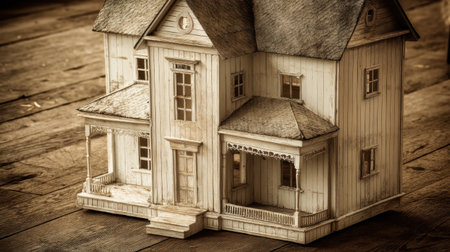 Captivating vintage wooden dollhouse positioned on an aged wooden floor, showcasing intricate architectural details and a warm, inviting aesthetic. Ideal for art and photography.の素材