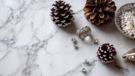 An elegant arrangement featuring a silver ring, decorative pine cones, pearls, and crystals on a marble surface, ideal for seasonal themes and luxury jewelry displays.の素材