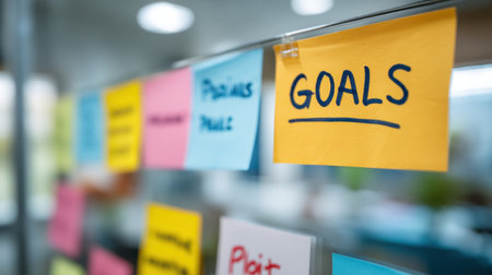 A close-up view of sticky notes on a glass board, emphasizing the concept of goal setting and planning in a collaborative office space, inspiring creativity and organization.の素材