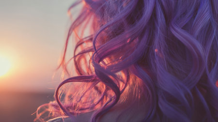 Capture the essence of individuality with vibrant purple curls set against a stunning sunset. This image evokes feelings of beauty, freedom, and tranquility in nature.の素材