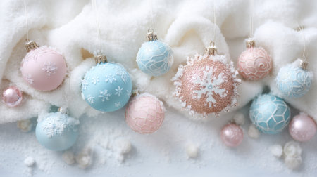 Adorned in pastel hues, these beautiful Christmas ornaments rest on a soft white blanket, creating a delightful and tranquil holiday scene to inspire festive spirit.の素材