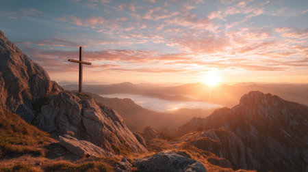 A breathtaking view of a mountain landscape at sunrise showcases a cross on a rocky outcrop, enveloped in mist, evoking peace, reflection, and spirituality.の素材