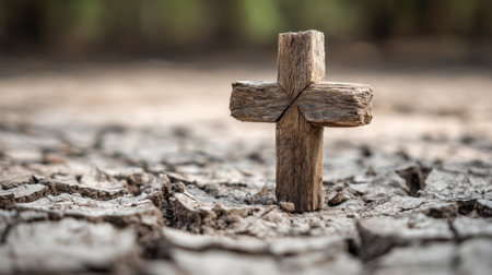A solitary wooden cross emerges from the parched and cracked earth, serving as a powerful symbol of faith and hope amidst challenging and arid conditions.の素材
