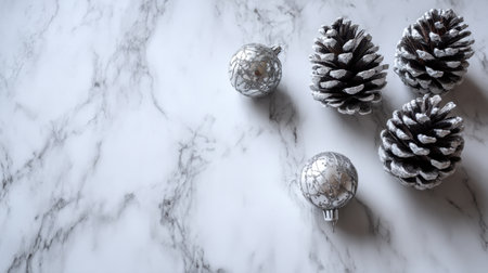 Beautiful arrangement of silver ornaments and frosted pine cones on a white marble background, perfect for adding a touch of elegance to holiday celebrations and decor.の素材