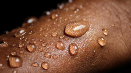 A mesmerizing close-up view of water droplets on dark skin, highlighting intricate textures and vibrant tones, showcasing beauty that captivates the viewerの素材