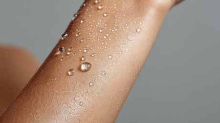 This image captures a close-up view of a smooth arm with glistening water droplets, symbolizing hydration and showcasing skincare beauty against a soft background.の素材