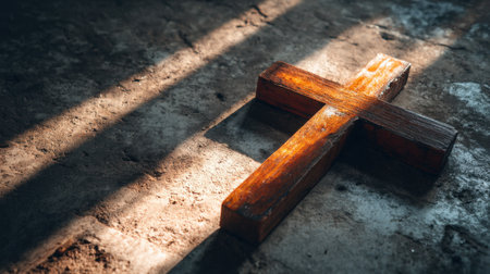 This captivating image features a wooden cross resting on the ground, illuminated by soft light and shadows. It evokes a sense of peace, spirituality, and reflection.の素材