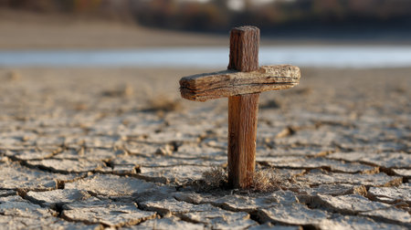 A solitary wooden cross stands on parched, cracked earth, representing themes of faith, loss, and resilience in a stark landscape affected by drought.の素材
