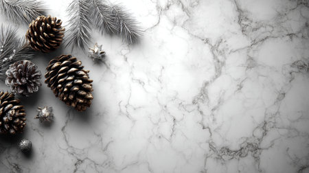 Beautiful arrangement featuring pine cones and silver decorations set against a marble background, perfect for holiday and seasonal themes. Ideal for beautiful designs.の素材