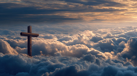 A stunning wooden cross rises majestically above fluffy clouds at dawn, bathed in warm sunlight that creates a peaceful and serene atmosphere, ideal for spiritual themes.の素材