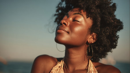 A young woman with striking natural hair basks in the sun by the ocean, radiating confidence and joy. This portrait captures the essence of summer bliss and tranquility.の素材