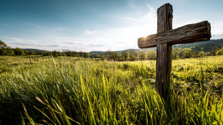 A rustic wooden cross stands prominently in a vibrant green field, illuminated by soft sunlight at sunrise, evoking a sense of peace and tranquility in nature.の素材