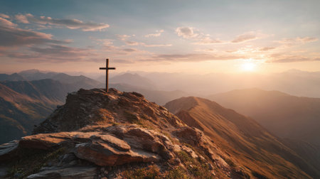 A breathtaking view of a wooden cross set against a stunning sunset in the mountains, offering a serene atmosphere and a perfect moment for reflection and inspiration.の素材