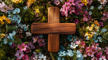 A beautiful wooden cross is centered among a vibrant display of colorful wildflowers, symbolizing faith and renewal. Perfect for themes of inspiration and nature.の素材