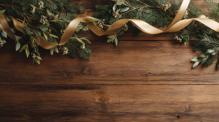 A beautiful arrangement of fresh greenery and a delicate gold ribbon on a rustic wooden surface, ideal for festive celebrations, holiday decorations, and creative projects.の素材
